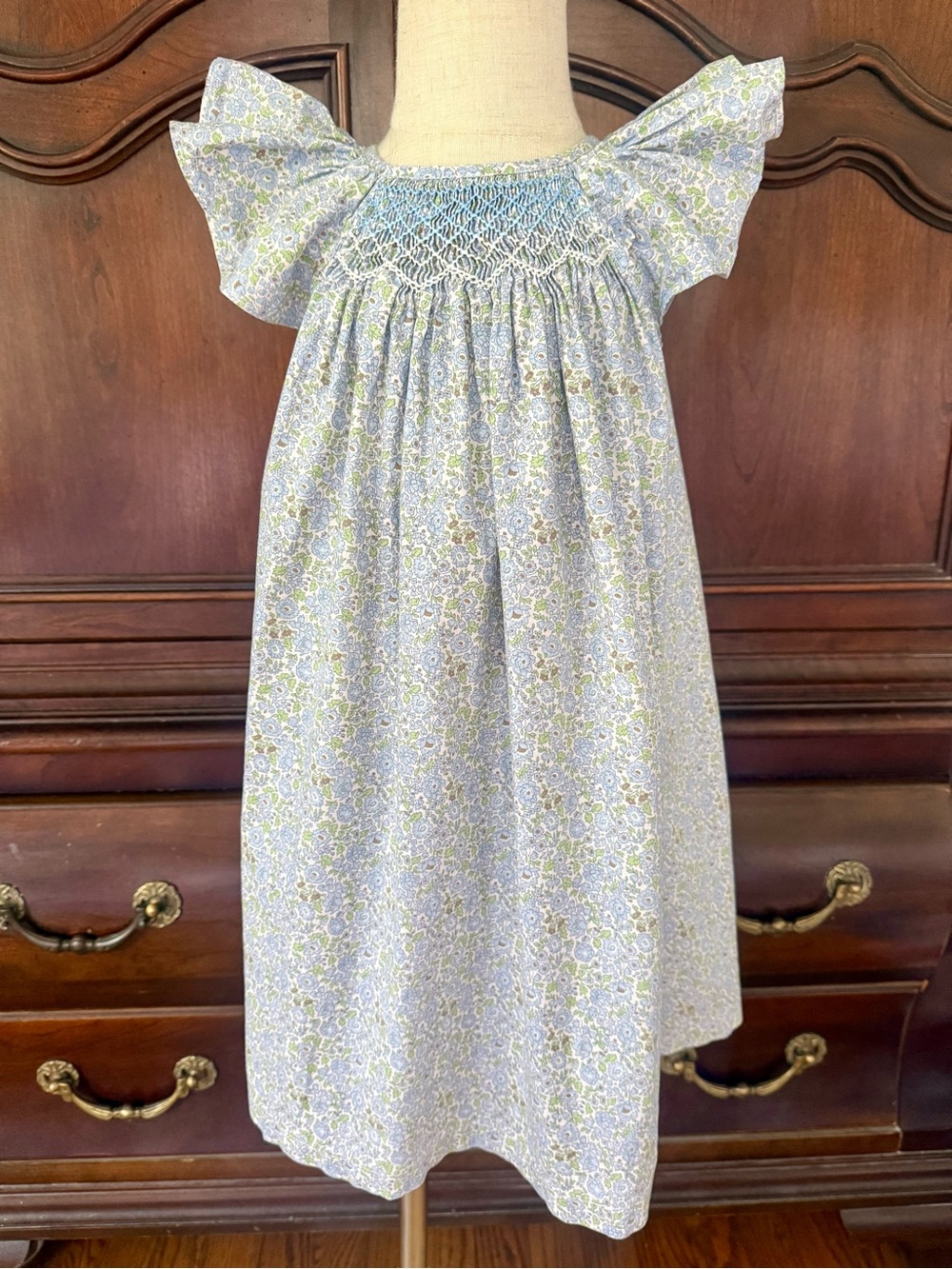 Girls Smocked Floral Flutter Sleeve Dress Blue Green Size 120 6 Boutique